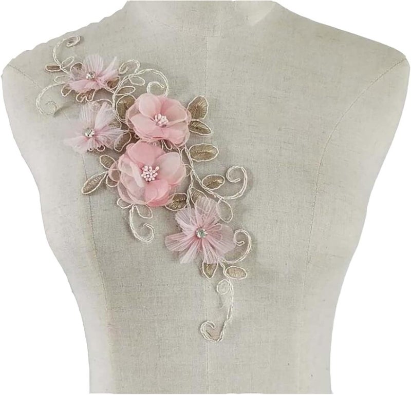 Ruinuo 3D Lace Beads Flower Applique Patches Sew on Patches Floral Embroidered Appliques Colorful Sewing Wedding Dress Handmade Decor Pink - Image 1